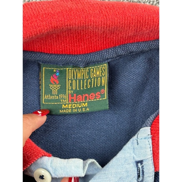 Vintage Olympic Games Hanes Polo Shirt Medium Blue Atlanta 1996 USA Made Cotton - Picture 3 of 10